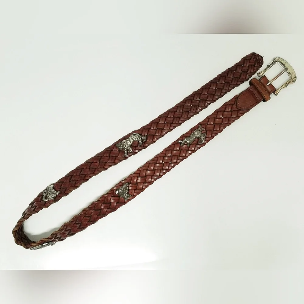 Brighton Vintage 90's Leather Belt Brown Braided Silver-tone Zoo Animals Sz 30